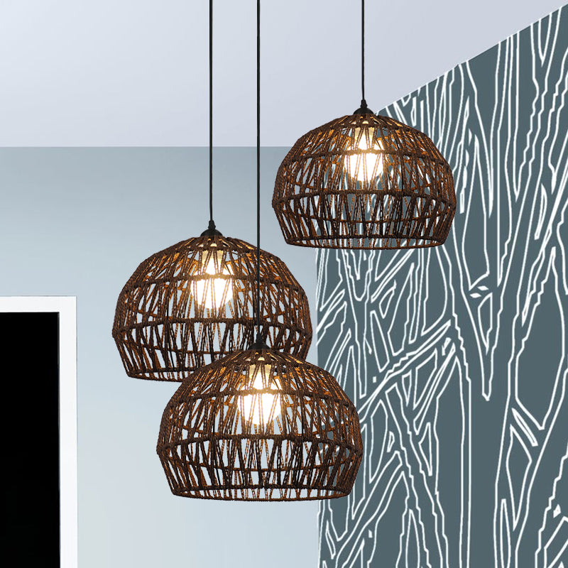 1/3-Bulb Corridor Hanging Light Fixture with Domed Rattan Shade Black/Beige Suspended Lamp