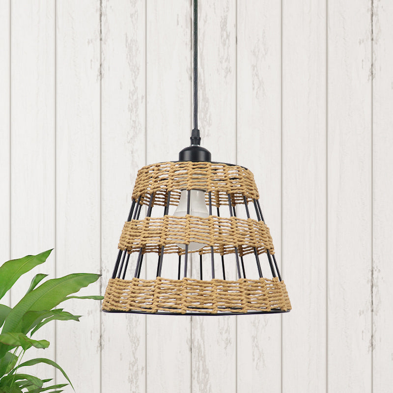 Asian Style Cone Hanging Leuchte Metall und Rattan 1/3-Kopf-Restaurant Anhängerlampe in Beige