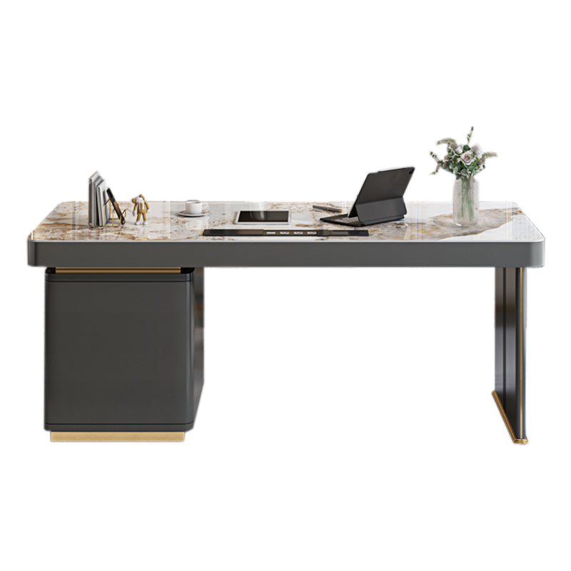 Pedestal Dark Taupe Office Desk Rectangular Writing Desk with Built in Outlets