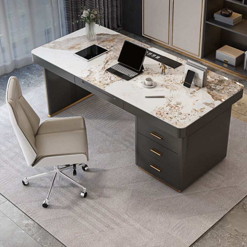 Pedestal Dark Taupe Office Desk Rectangular Writing Desk with Built in Outlets