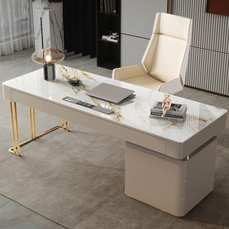 Pedestal Glam Office Desk with File Cabinet Rectangular Computer Desk Cable Management