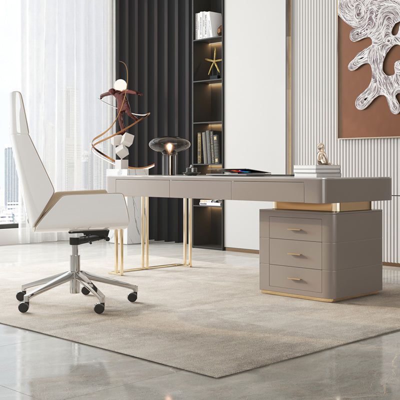 Pedestal Glam Office Desk with File Cabinet Rectangular Computer Desk Cable Management