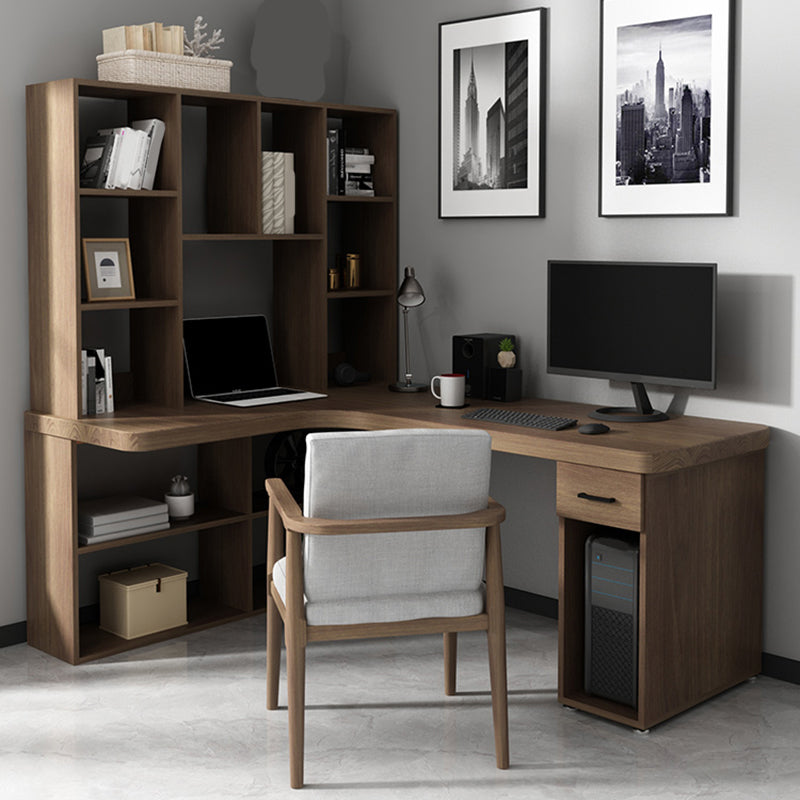 Contemporary Office Desk L-Shape Credenza Desk with Bookcase