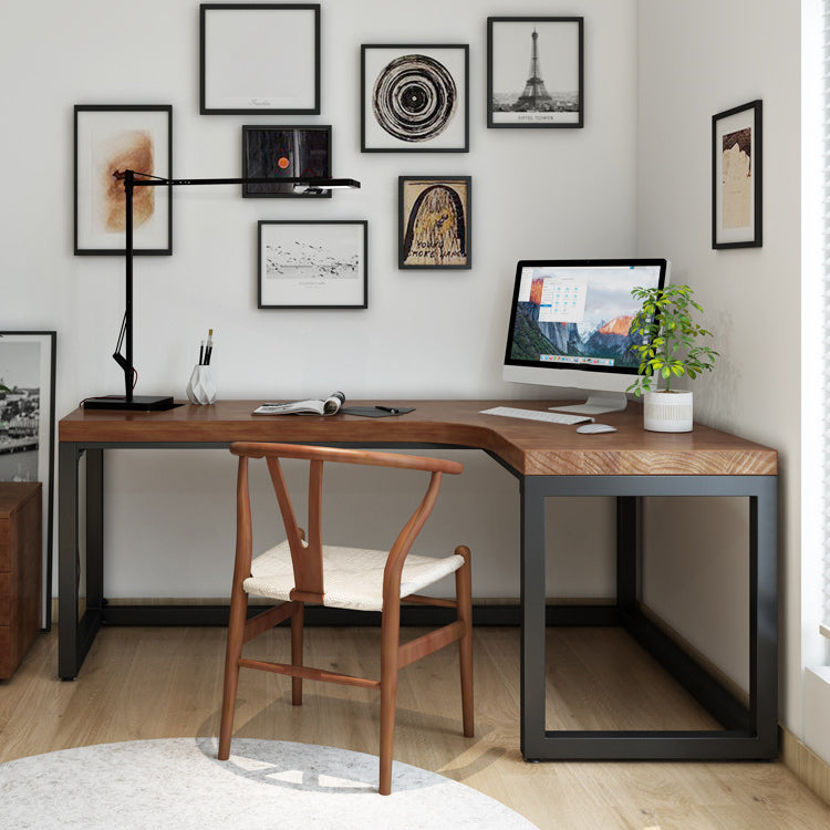 L-Shape Brown Writing Desk Industrial Solid Wood Office Desk