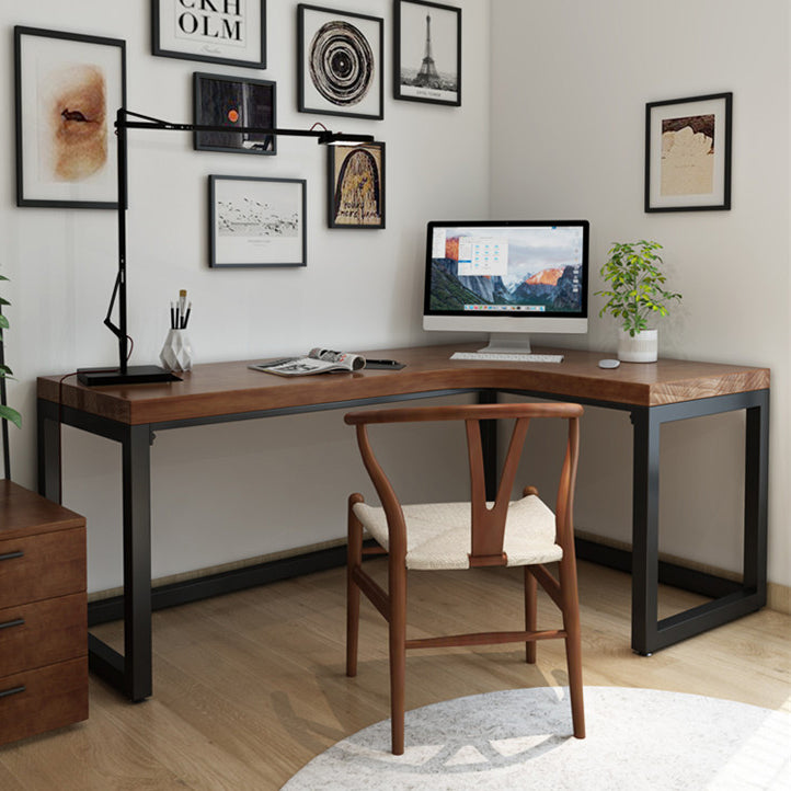 L-Shape Brown Writing Desk Industrial Solid Wood Office Desk