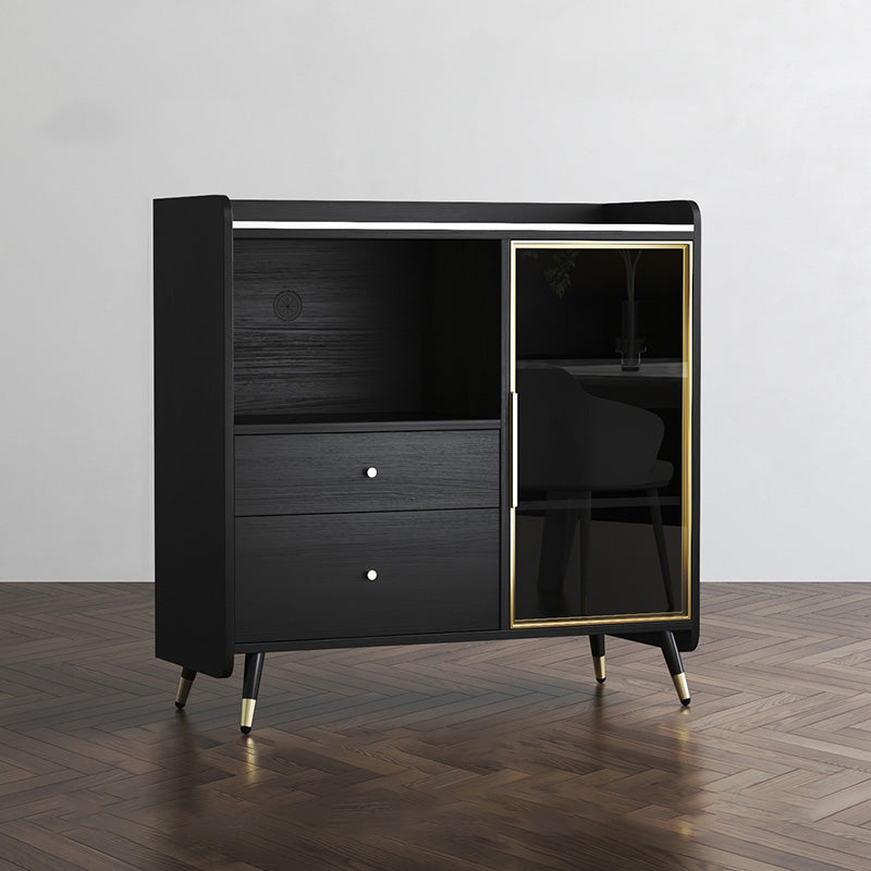 Black Open Storage Server Glam Wood Dining Server with 2-Drawer