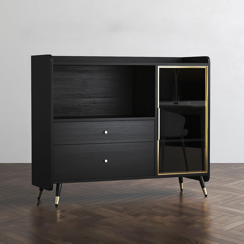 Black Open Storage Server Glam Wood Dining Server with 2-Drawer