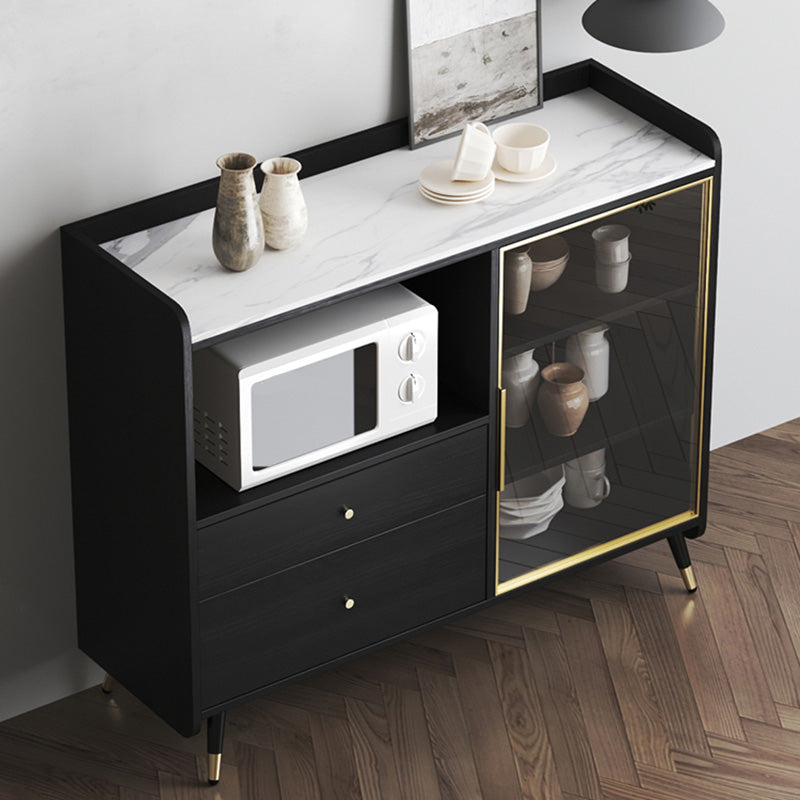 Black Open Storage Server Glam Wood Dining Server with 2-Drawer