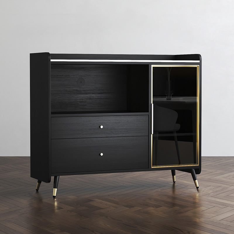 Black Open Storage Server Glam Wood Dining Server with 2-Drawer