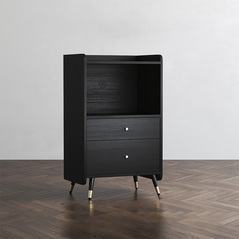 Black Open Storage Server Glam Wood Dining Server with 2-Drawer