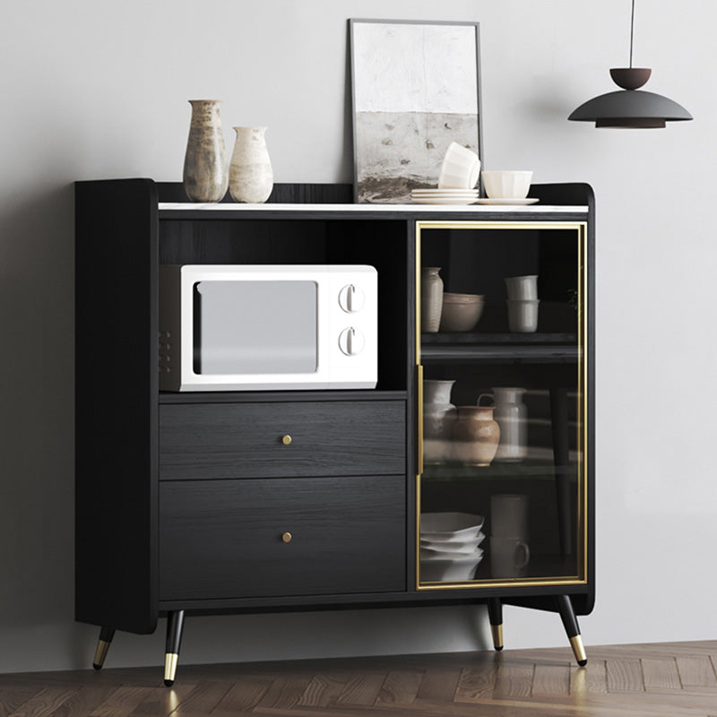 Black Open Storage Server Glam Wood Dining Server with 2-Drawer