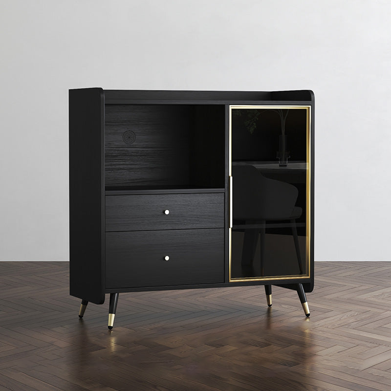 Black Open Storage Server Glam Wood Dining Server with 2-Drawer