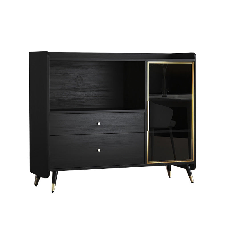 Black Open Storage Server Glam Wood Dining Server with 2-Drawer