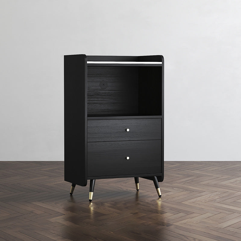 Black Open Storage Server Glam Wood Dining Server with 2-Drawer