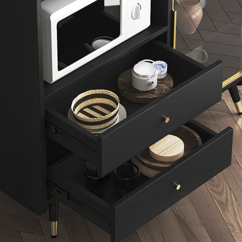 Black Open Storage Server Glam Wood Dining Server with 2-Drawer