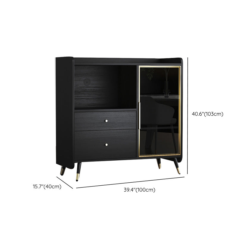 Black Open Storage Server Glam Wood Dining Server with 2-Drawer