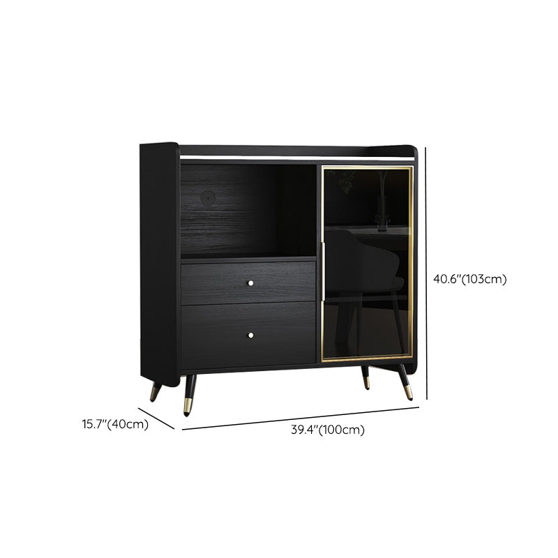 Black Open Storage Server Glam Wood Dining Server with 2-Drawer