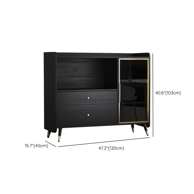 Black Open Storage Server Glam Wood Dining Server with 2-Drawer