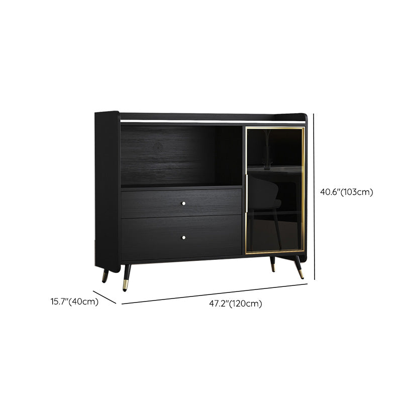 Black Open Storage Server Glam Wood Dining Server with 2-Drawer