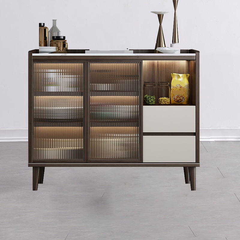 Contemporary Glass Doors Sideboard Stone and Wood Sideboard in Walnut and White