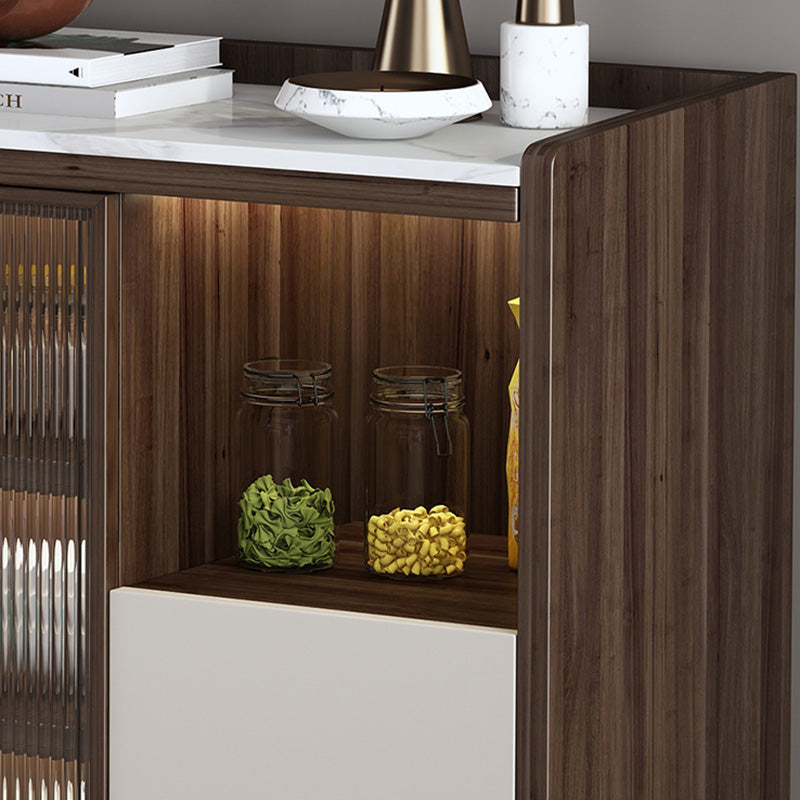 Contemporary Glass Doors Sideboard Stone and Wood Sideboard in Walnut and White