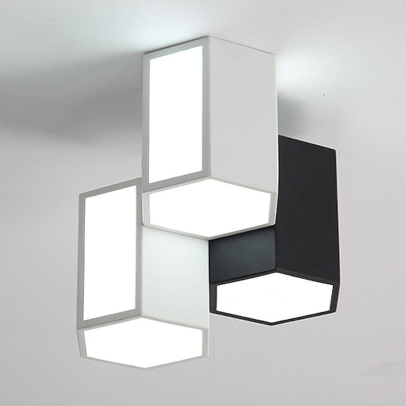 3 Light LED Flush in Black and White Geometric Iron & Acrylic Ceiling Mount Fixture