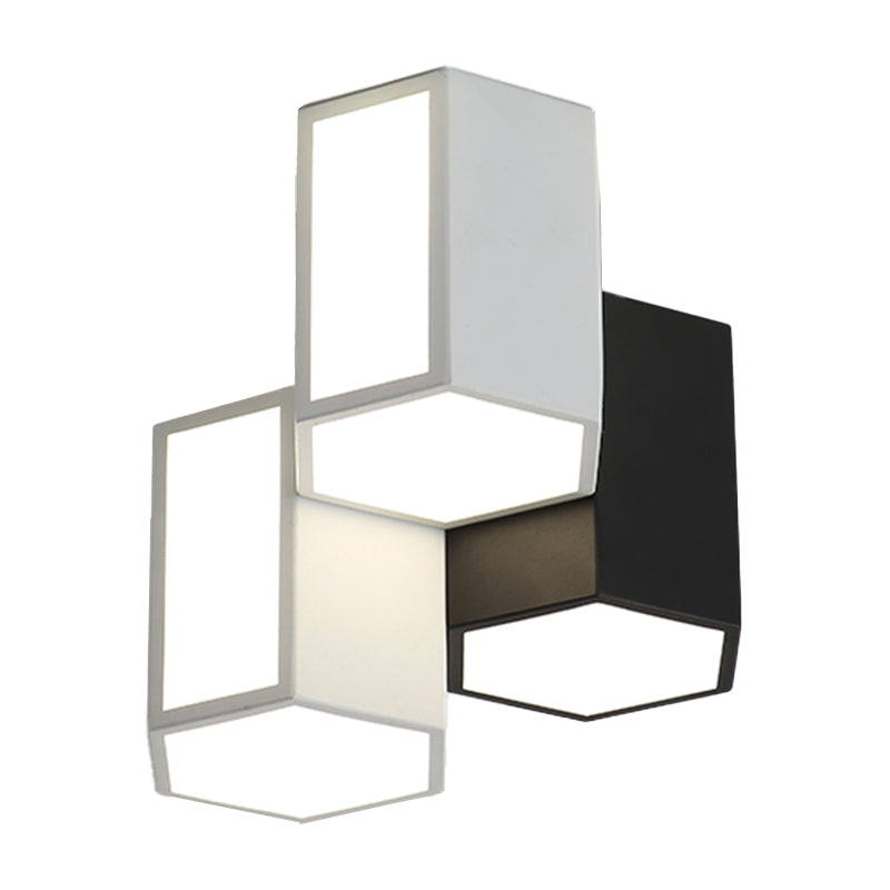 3 Light LED Flush in Black and White Geometric Iron & Acrylic Ceiling Mount Fixture