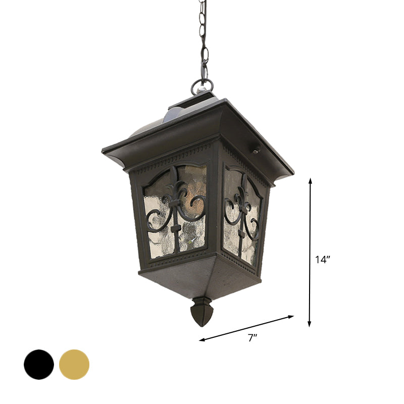 Metallic Lantern Hanging Light Lodges 1 Bulb Balcony Pendant Lamp in Black/Gold with Water Glass Shade