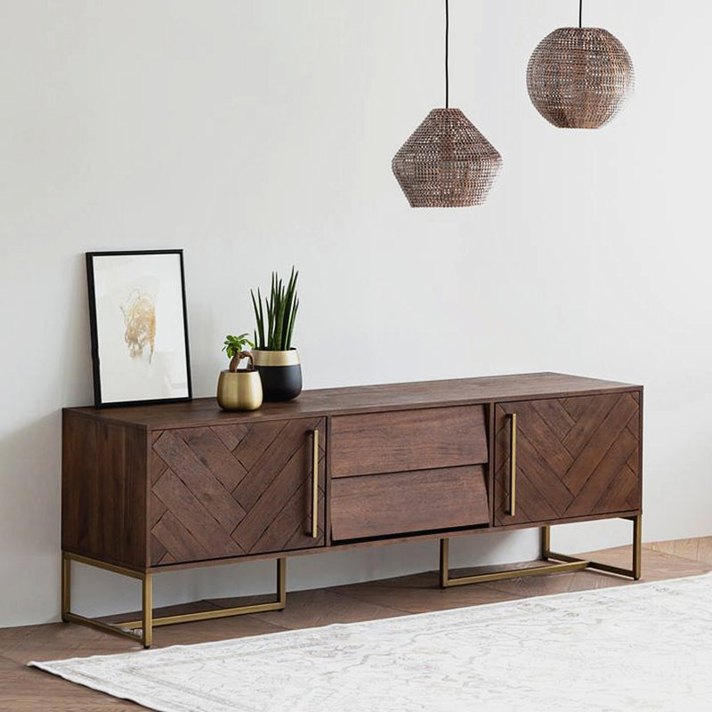 Pine Solid Wood Side Board 2 Door Distressed Wood Buffet Table in Brown