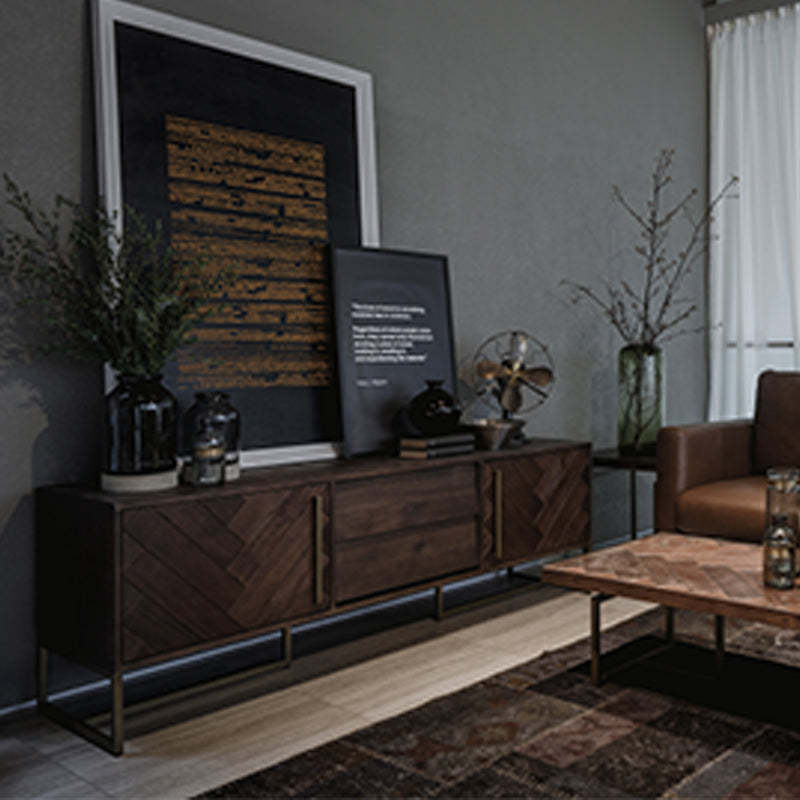 Pine Solid Wood Side Board 2 Door Distressed Wood Buffet Table in Brown