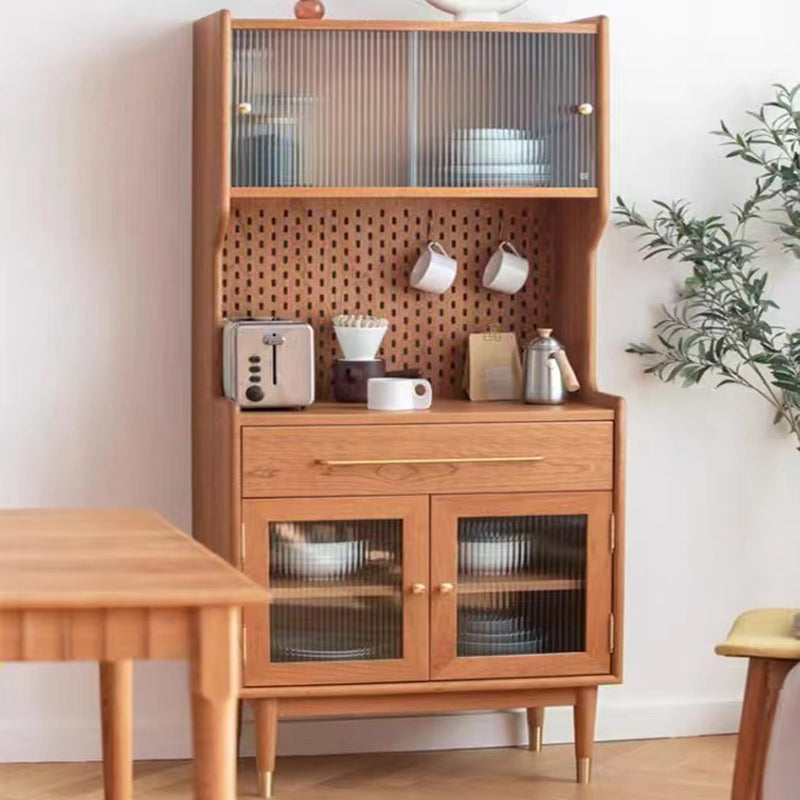 Modern Pine Solid Wood Credenza 4 Door Brown Sideboard Cabinet with 1 Drawer