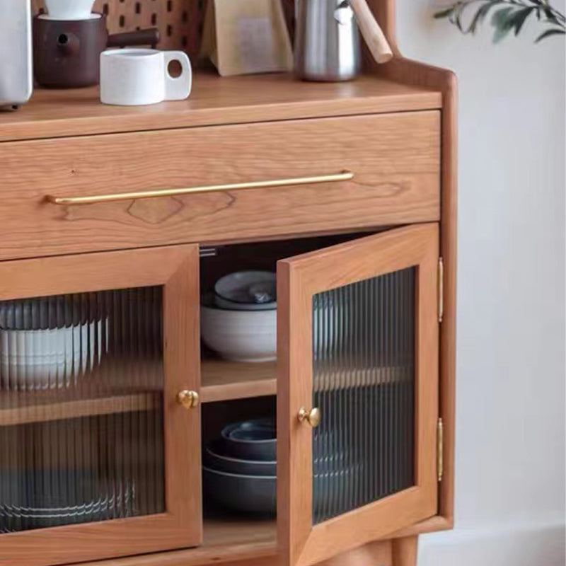 Modern Pine Solid Wood Credenza 4 Door Brown Sideboard Cabinet with 1 Drawer