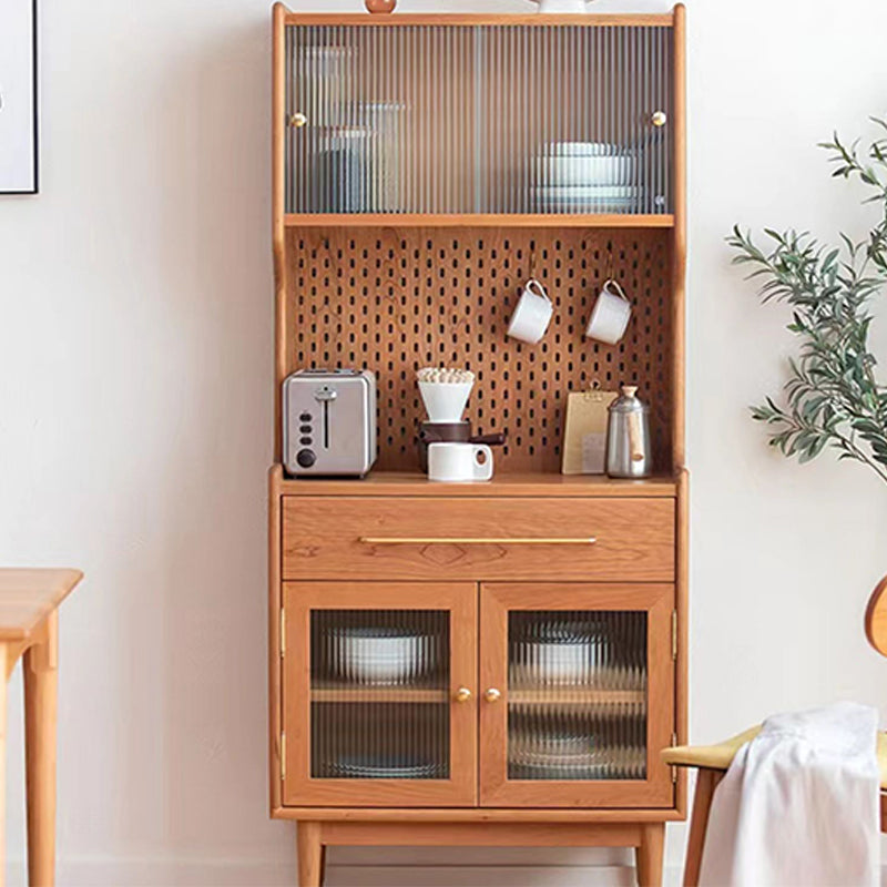 Modern Pine Solid Wood Credenza 4 Door Brown Sideboard Cabinet with 1 Drawer