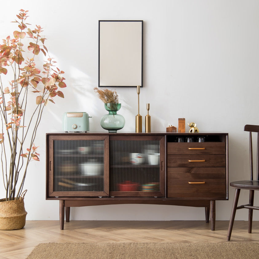 3 Drawers Modern Sideboard Cabinets Pine Solid Wood Sliding Doors Buffet Table