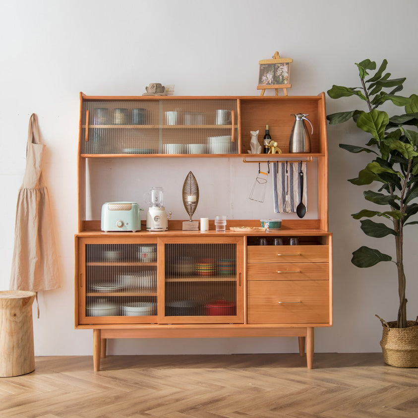 3 Drawers Modern Sideboard Cabinets Pine Solid Wood Sliding Doors Buffet Table