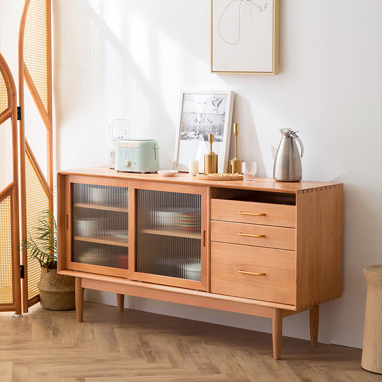 3 Drawers Modern Sideboard Cabinets Pine Solid Wood Sliding Doors Buffet Table