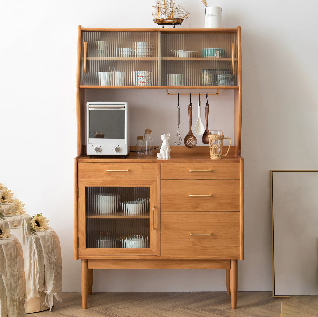 Modern Sideboard Pine Solid Wood Sliding Doors Buffet Table with 4 Drawers and 3 Doors