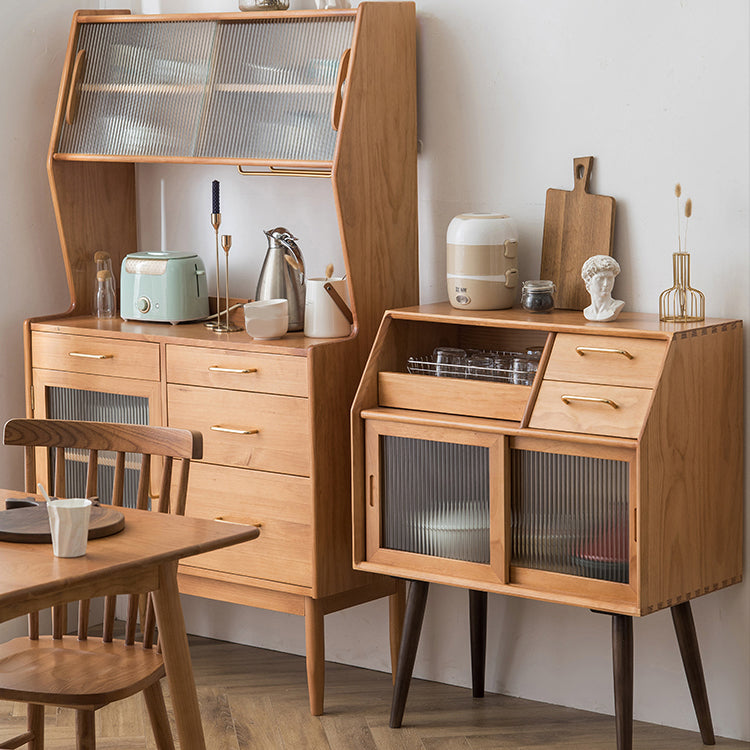 Modern Sideboard Pine Solid Wood Sliding Doors Buffet Table with 4 Drawers and 3 Doors