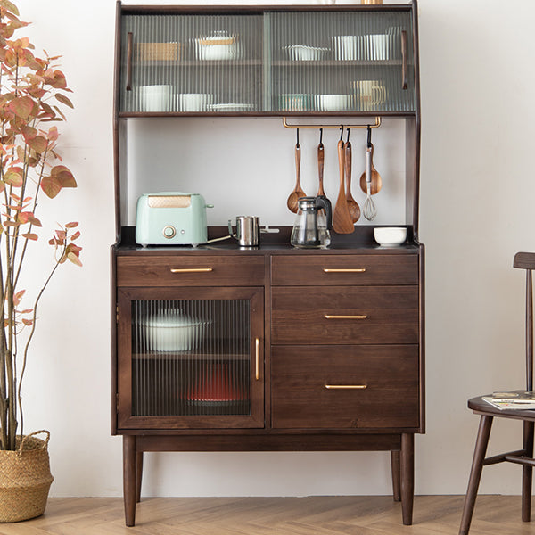 Modern Sideboard Pine Solid Wood Sliding Doors Buffet Table with 4 Drawers and 3 Doors