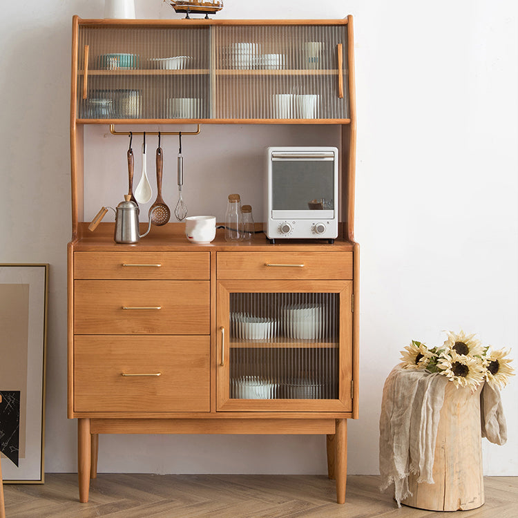 Modern Sideboard Pine Solid Wood Sliding Doors Buffet Table with 4 Drawers and 3 Doors