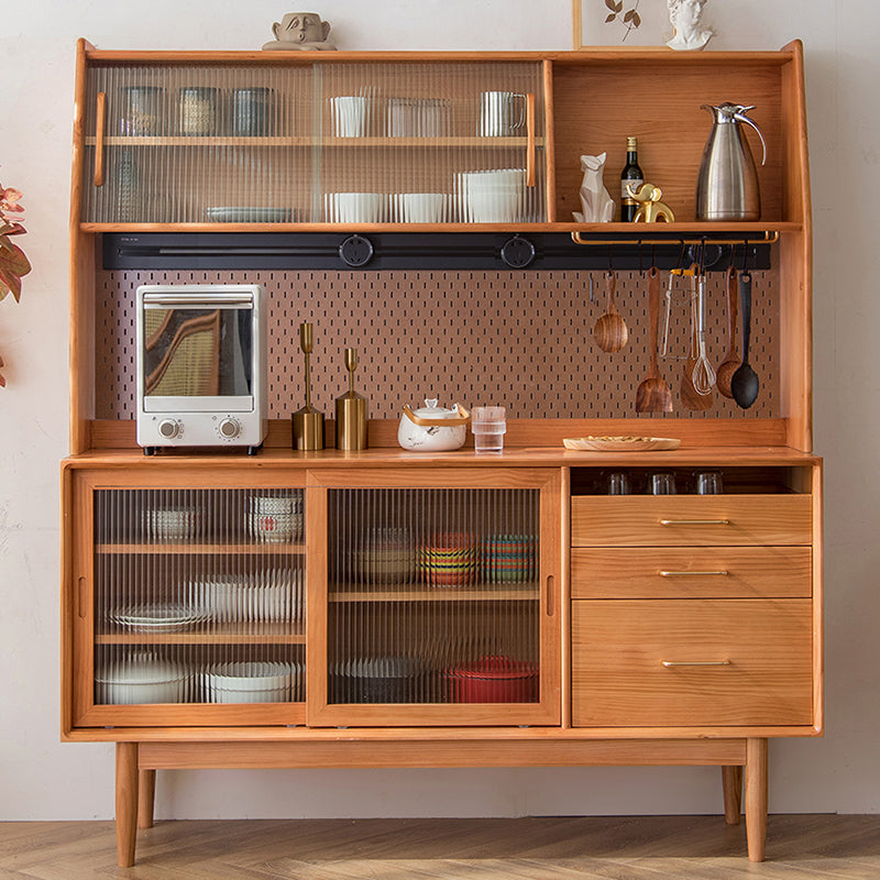 Modern 3 Drawers Sideboard Cabinets Pine Solid Wood Sliding Doors Buffet Table