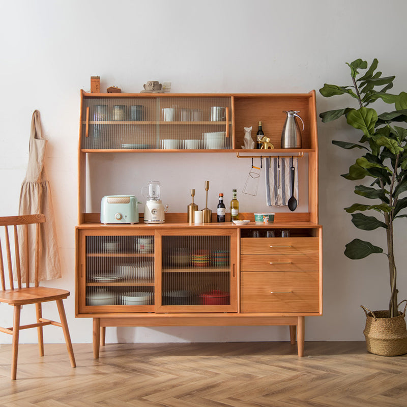 Modern 3 Drawers Sideboard Cabinets Pine Solid Wood Sliding Doors Buffet Table