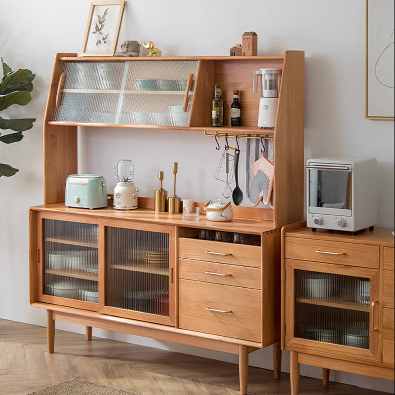 Modern 3 Drawers Sideboard Cabinets Pine Solid Wood Sliding Doors Buffet Table