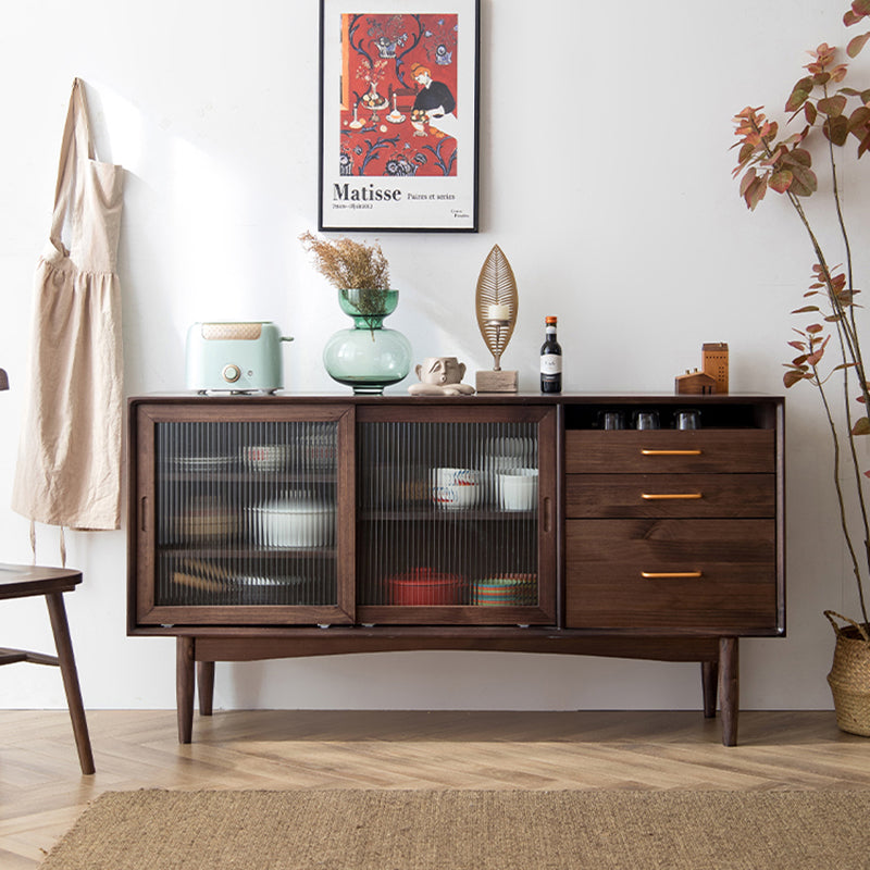 Modern 3 Drawers Sideboard Cabinets Pine Solid Wood Sliding Doors Buffet Table