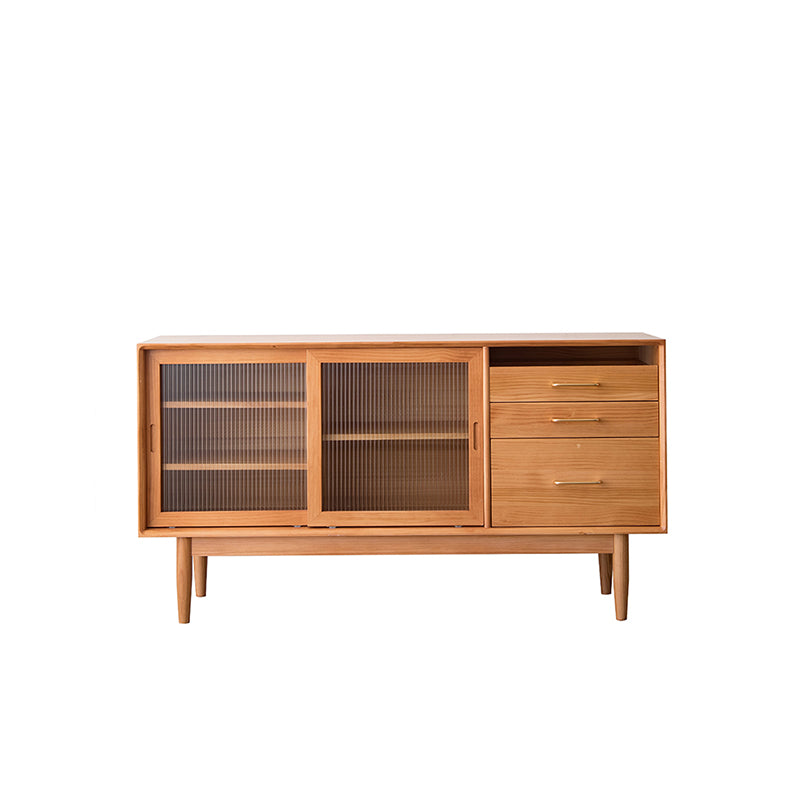 Modern 3 Drawers Sideboard Cabinets Pine Solid Wood Sliding Doors Buffet Table