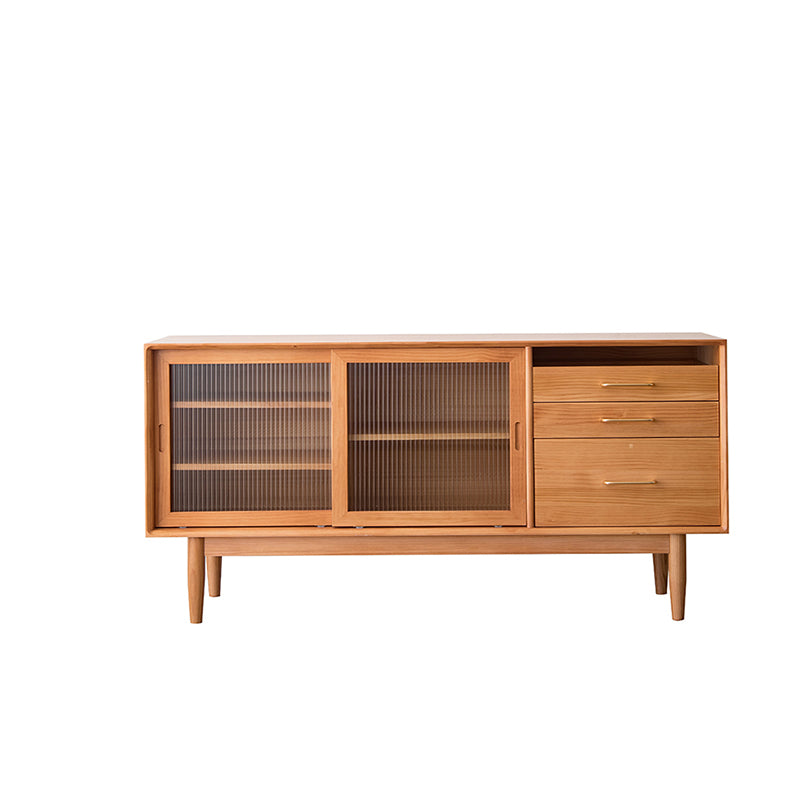 Modern 3 Drawers Sideboard Cabinets Pine Solid Wood Sliding Doors Buffet Table