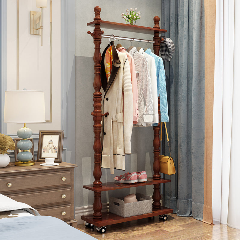 Traditional Solid Wood Coat Hanger Free Standing Coat Rack with Storage Shelving