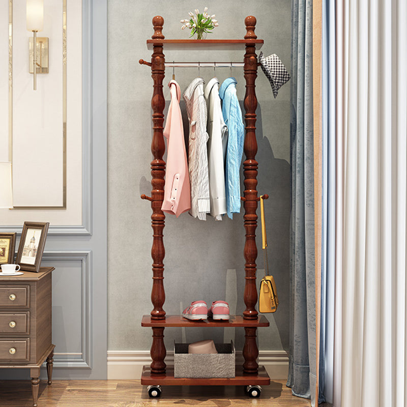 Traditional Solid Wood Coat Hanger Free Standing Coat Rack with Storage Shelving