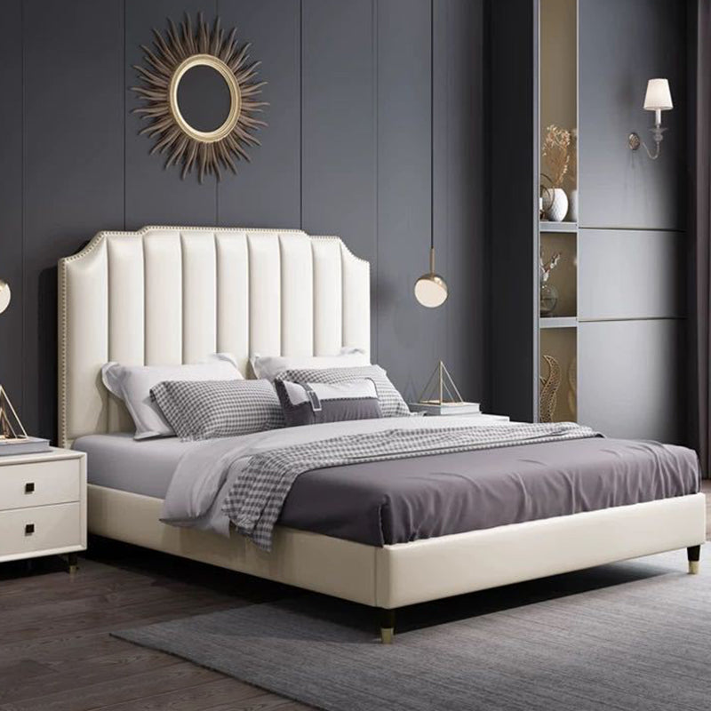 Contemporary Faux Leather Panel Standard Bed, Slat Rectangular Beveled Headboard Bed
