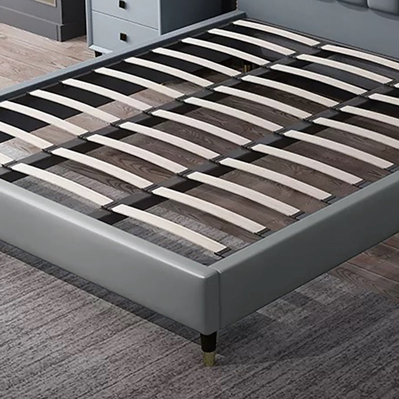 Contemporary Faux Leather Panel Standard Bed, Slat Rectangular Beveled Headboard Bed